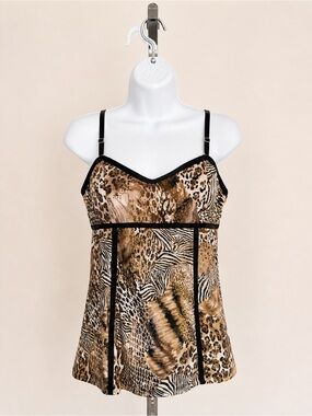 Cache’ Animal-Print Camisole Tank Top Black Trim Leopard Zebra Print Size M